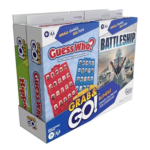 Hasbro Grab and Go! Bundle (4 Pack), Kids Travel Board Games, Battleship, Connect 4, Guess Who?, Hungry Hungry Hippos Games, 2 Players, Easter Gift for Kids, Ages 7+