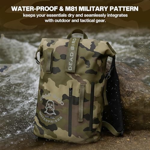 Dead Bird Enterprises Roll Top Waterproof Backpack, 25L Camouflage Pattern Dry Bag with MOLLE Loops and Adjustable Straps, WaterTight Duck Hunting Backpack for Camping, Hiking and Outdoor Travel