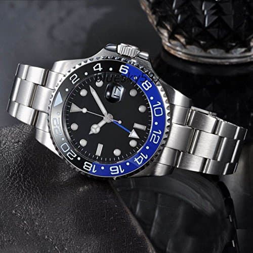 FANMIS GMT Master Sapphire Glass Blue and Black Ceramic Bezel Men's Silver Automatic Watch