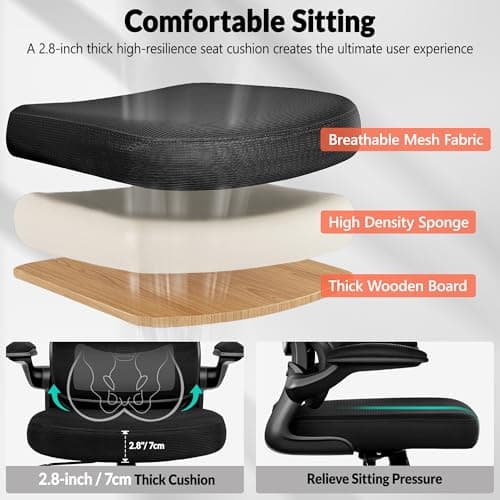 BESTFAIR Office Chair Ergonomic Desk Chair, Breathable Mesh Comfy Chair with Lumbar Support, Computer Chair, Home Desk Chair with Flip-up Armrests, Gaming Chair for Adults Home Office (Black)