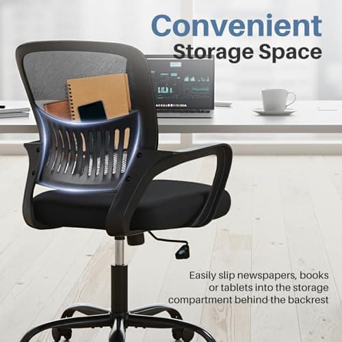 DUMOS Home Office Computer Chair - Ergonomic Mid Back Desk with Lumbar Support and Rocking Mode, Height Adjustable with Fixed Armrest, for Conference Meeting Room, 360° Swivel, Adults, Black