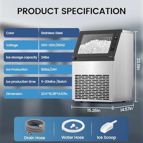 Commercial Ice Maker Machine, 80Lbs/24H Under Counter Ice Maker, Freestanding with Ice Thickness Control & Stainless Steel, 36 Cubes in 15 Mins, 28Lbs Storage Capacity, for Home, Bar, Cafe, Offices