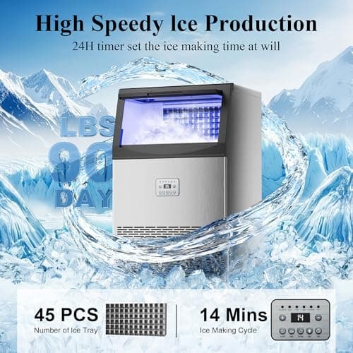 Commercial Ice Maker,200 lbs/24H,96 Cubes in 14 Mins,Stainless Steel Ice Machine with 33 lbs Storage Capacity,Water Filter,Self-Cleaning,Under Counter/Freestanding Ice Maker for Restaurant,Cafe,Home