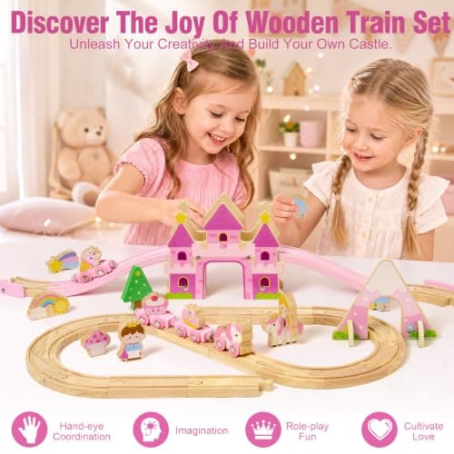 Princess Castle & Magnetic Trains, Compatible with Most Wooden Train Tracks, Birthday Gift for Girls 3 4 5 Year Old Atoylink Wooden Train Set for Toddler Girls, 40Pcs Pink Unicorn Train Toys B0H6HGYDWR