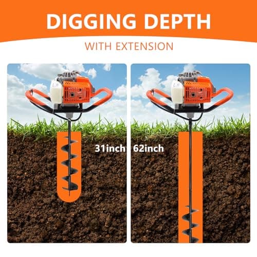 72CC Auger Post Hole Digger, 2 Stroke Gas Powered Earth Post Hole Digger with 2 Auger Drill Bits(6" & 8") + 1 Extension Rods for Farm Garden Plant, Orange (72CC)