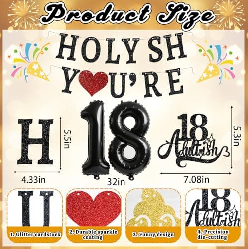 Funny 18th Birthday Decorations for Girls Boys - Glitter 18th Birthday Banner, Adultish Cake Topper &18 Balloon Numbers Set - 18 Years Old Gifts Party Decorations Supplies