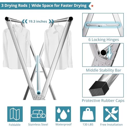 JAUREE 95 Inches Clothes Drying Rack, Drying Rack Clothing Folding Indoor Outdoor, Heavy Duty Stainless Steel Laundry Rack, Foldable Portable Large Clothes Rack Garment Rack with 20 Windproof Hooks