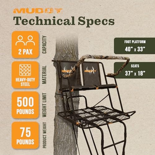 Muddy 2-Person Ladder Tree Stand for Deer Hunting, The Partner, 17' Tall, Black - Adjustable Climbing Treestand with Platform, Straps and Safety Harness for Shooting