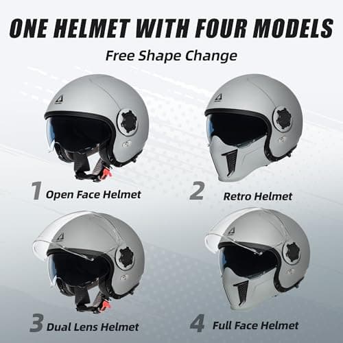 TRIANGLE Convertible Full Face Motorcycle Helmet DOT Approved for Men Women, Multi-Configuration 3/4 Open Face Street Bike Helmet with Internal Tinted Sunshield, Includes Storage Bag