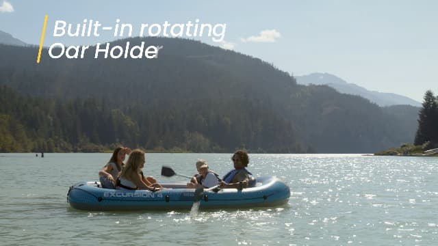 INTEX 66324EP Excursion 4 Inflatable Boat Set: Includes Deluxe 54in Aluminum Oars and High-Output Pump – Adjustable Seats with Backrest – Fishing Rod Holders – 4-Person – 1100lb Weight Capacity