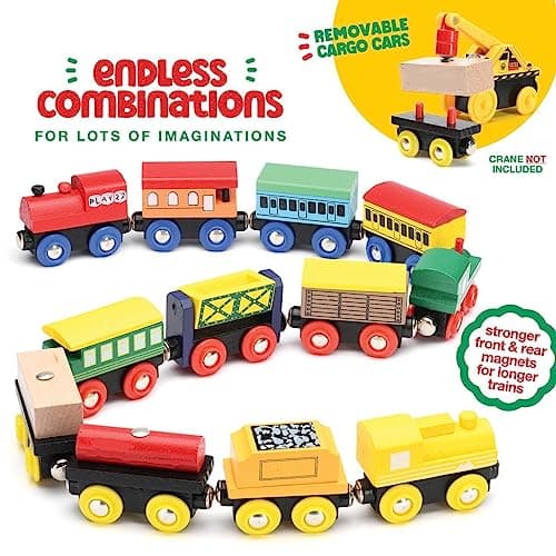 Wooden Train Set 12 PCS - Train Toys Magnetic Set Includes 3 Engines - Toy Train Sets For Kids Toddler Boys And Girls - Compatible With All Major Brands - Original - By Play22