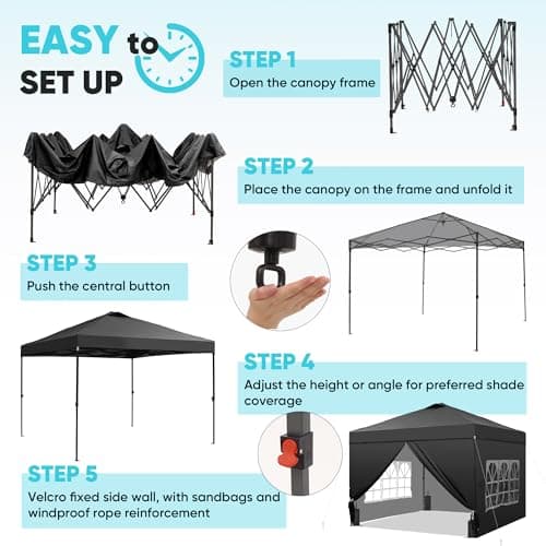 GDY 10x10 Pop Up Canopy Tent with 4 Sidewalls, Easy Set up with One Push Lift Outdoor Silver Coated Beach Gazebos, Carpas with 4 Sandbags, for Events, Parties,Camping, Black.