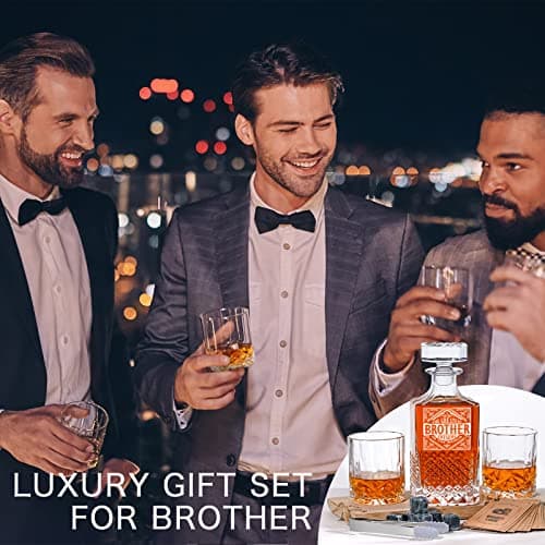 PONPUR Gifts for Brother, Whiskey Decanter Set with 2 Whisky Glasses, Unique Cool Stocking Stuffers Birthday Gift for Brothers from Sister, Best Christmas Presents for Men