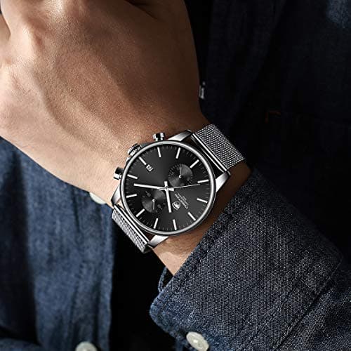 GOLDEN HOUR Mens Watch Fashion Sleek Minimalist Quartz Analog Mesh Stainless Steel Waterproof Chronograph Watches for Men with Auto Date