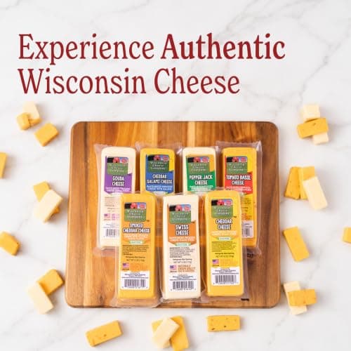 Wisconsin Cheese Company - Specialty 100% Wisconsin Cheese Block Assortment Sampler - (Pack of 7 Blocks) Cheddar, Pepper Jack, Swiss, Gouda, Salami, Smoked Cheddar & Tomato Basil | Locally Sourced | Perfect for Parties, Charcuterie Boards and Birthday Gifts | Great Birthday Gift for Cheese Lovers