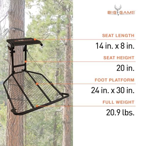 Big Game Captain XC Hang-On Treestand, Lightweight Steel Construction with 14 x 8 in. Flip-Back Flex-Tek Seat, 300 lbs Weight Rating