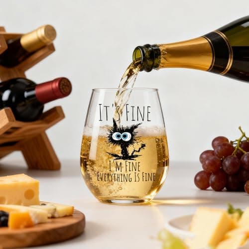 Cat Mom Gift for Women, Funny Cat Birthday Gifts for Friends, Coworkers, Daughter, Sister, Aunt, Wife, Best Friends, BFF Funny Cat Lover It's Fine I'm Fine Everything Wine Glass Gift for Men Women B0FTYZ5MCV