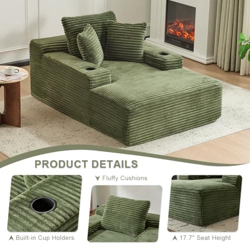 66" Oversized Chaise Lounge Sofa Chair Indoor, Modern Corduroy Single Sleeper Couch Chair with 3 Soft Pillows＆Cup Holder, Boneless Cloud Couch Single Seat Sofa Bed for Living Room Office (Green)