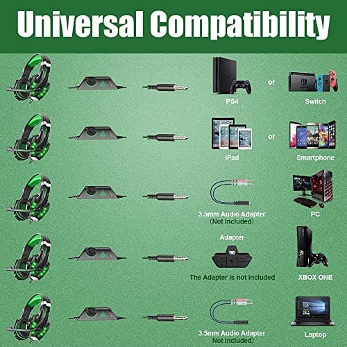 BENGOO G9000 Stereo Gaming Headset for PS4 PC Xbox One PS5 Controller, Noise Cancelling Over Ear Headphones with Mic, LED Light, Bass Surround, Soft Memory Earmuffs for Laptop Mac - Green