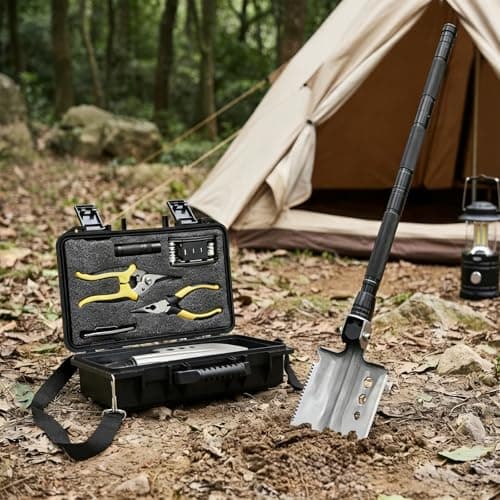 CIRONBOW Folding Camping Shovel Axe Kit，Multifunctional Survival Shovel with Stainless Steel Pickaxe ，pliers,Compass，Locking scissors，Magnetic flashlight- For Camping, Snow, Hiking, Survival Gear