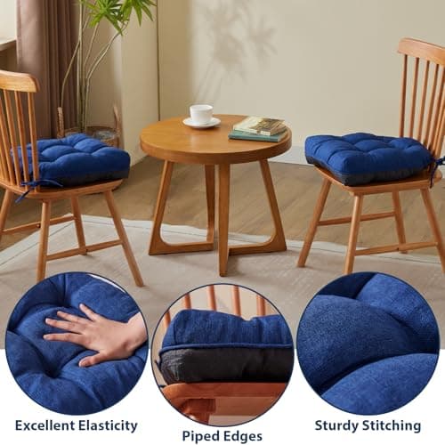 IASEAHK Chair Cushions for Dining Chairs, Seat Cushions for Kitchen Chairs, Indoor Seat Cushions with Ties, Tufted Foam Chair Pads, Non Slip Chair Cushions Set of 4, 15.5" x 15.5" x 4", Navy Blue
