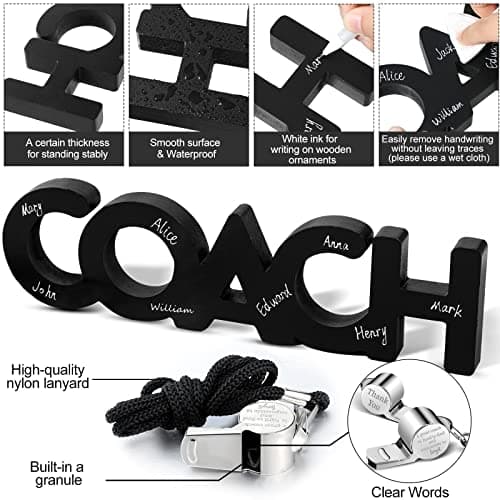 Amyhill 9 Pcs Coach Gifts Football Soccer Coaches Gifts Thank You Coach Wood Sign Whistle Stainless Steel Whistle with Rope White Marker Pen Christmas Thanksgiving Gift for Men Women Football Sports