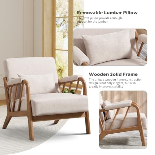 IOMOR Mid Century Modern Accent Chair with Solid Wood Frame Linen Fabric, Upholstered Living Room Chairs with Lumbar Cushion Padded Arms, Reading Armchair for Bedroom (1, Warm Beige)