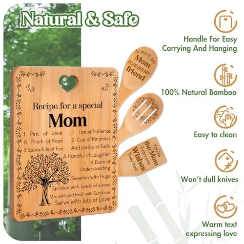 4-Piece Engraved Bamboo Mom Mother Mommy Cutting Board Set from Daughter or Son for Birthdays, Christmas, Mother's Day Birthday Gifts for Mom, "Recipe for a Special Mom" Cutting Board Set B0CXXM43B5