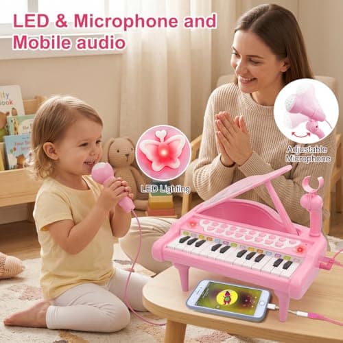 Kids Piano with 22 songs, 8 Percussion Sounds, LED lights, 4 Instrument Modes and Connect to MP3, Phone & Tablet Love&Mini Piano Toys for Girls, 24-Key with Mic, Record & Playback, Ages 3+ B08RB4H9ZN