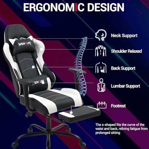 Gaming Chair with Footrest, Ergonomic PC Desk Chair with Headrest and Massage Lumbar Support, Video Game Chair with Height Adjustable High Back for Home Office, PU Leather, White