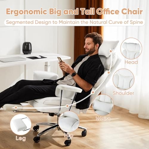 Sweetcrispy Executive Home Office Desk Chair - Ergonomic Big Tall High Back with Footrest & Lumbar Support, Reclining Height Adjustable, Comfy PU Leather Computer Gaming with Swivel Wheels, White