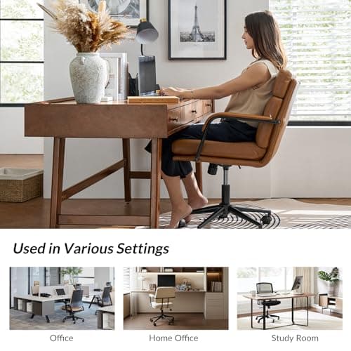HULALA HOME Modern Faux Leather Home Office Chair with Tilt Lock & Metal Base, Desk Chair with Wheels & Padded Cushion, 360° Swivel Wide Seat Computer Task Chair, Camel
