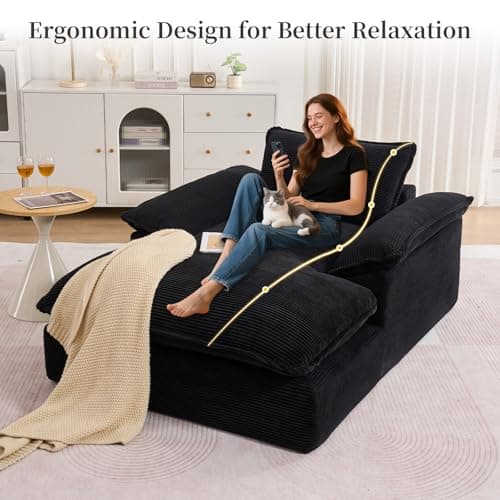 Oversized Chaise Lounge Chair Indoor, 67" Boneless Chaise Lounge with Extra Deep Seat, Comfy Corduroy Upholstered Sleeper Sofa Bed, Cozy Fluffy Single Sofa Armchair for Living Room, Black