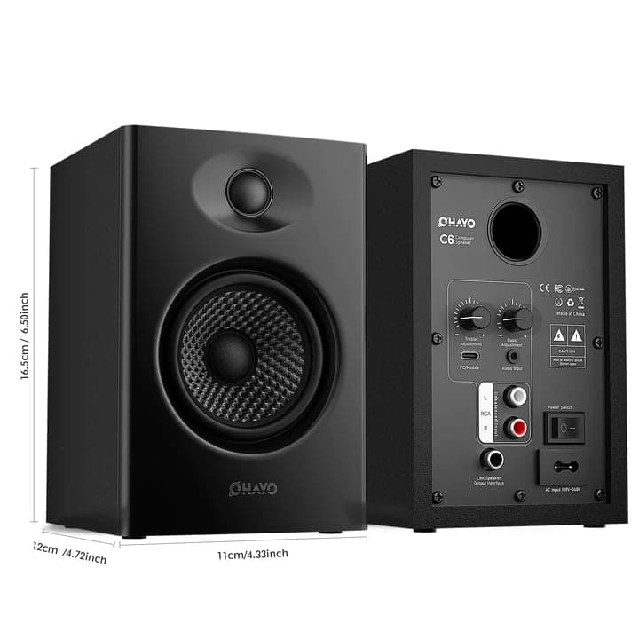OHAYO 60W Computer Speakers for Music and Gaming, Active Bluetooth 5.3, Stereo 2.0 Speakers for Desktop PC or Laptop, 3.5mm Aux RCA USB Input, 1 Pair, Black