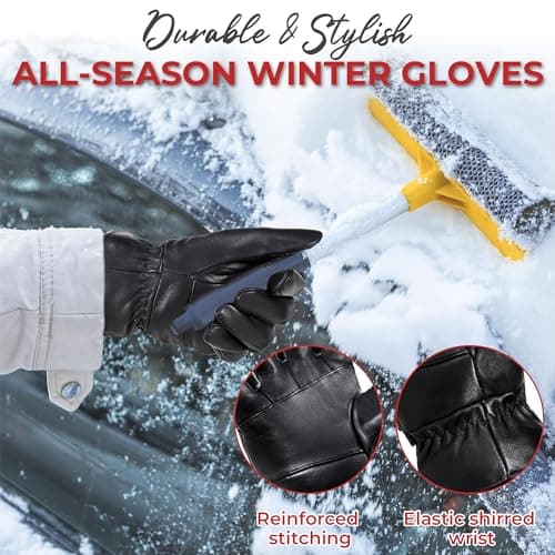 HANDLANDY Genuine Sheepskin Leather Gloves for Men Winter Driving Warm Thermal Wrist Gloves Fleece Lining for Cold Weather