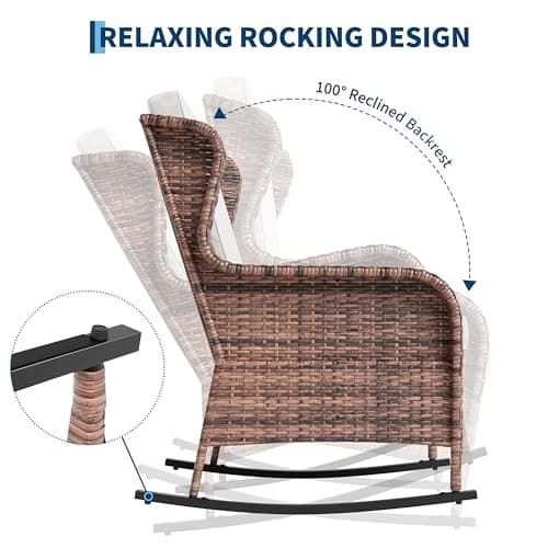 Patio Rocking Chair for Outdoor, Rattan Wicker Chair with Thick Cushions & Steel Frame, All-Weather PE Chair for Garden, Backyard, Porch, Deck
