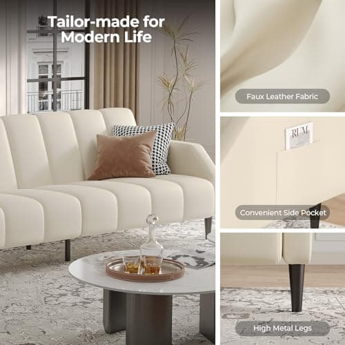 Fadware Faux Leather Couch, Convertible Futon Sofa Bed with Adjustable Backrest, Mid Century Leather Sofa Loveseat with Side Pockets& Metal Leg, Modern Leather Sleeper Sofa for Living Room Bedroom