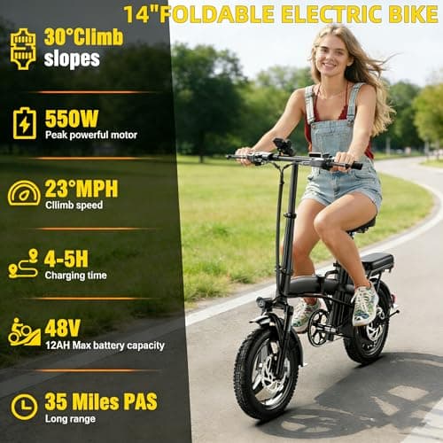 Electric Bike for Adults&Teens,550w Motor | 48V 12V Removable Battery | 23Mph Speed | PAS Mode 35 Miles Range | 14" Foldable E-Bike | Dual Disc Brakes | Ul 2849 Certified | Commuter Mini Bikes