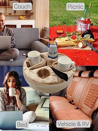 Xchouxer Couch and Bed Cup Holder Pillow, Sofa Organizer Caddy for Drinks, Remotes, Phones, Snacks (Beige) B0BWJ7W36N