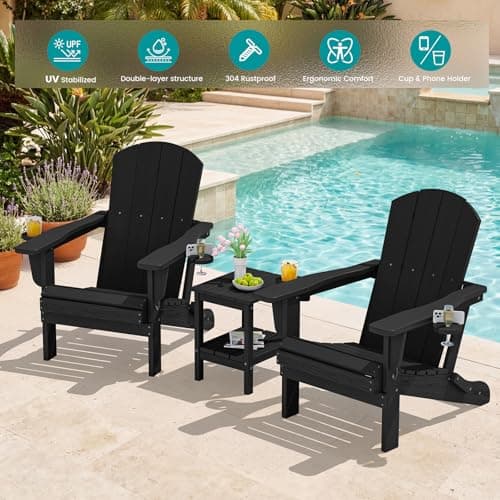 SERWALL HDPE Folding Adirondack Chair with Dual Cup Holder - Composite Adirondack Chair Set of 4- Black