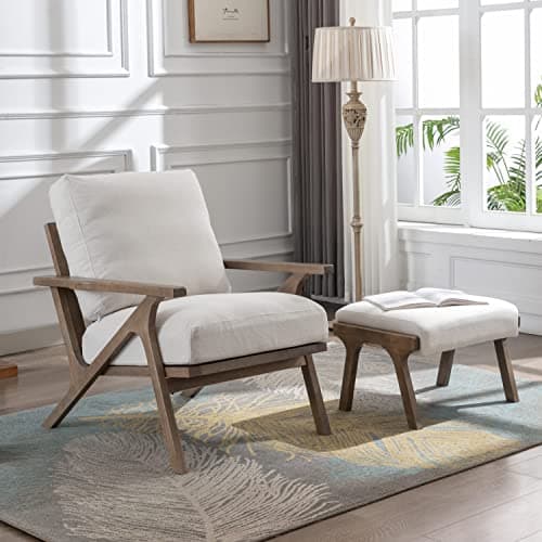 chairus Mid-Century Modern White Linen Accent Chair with Ottoman, Comfy Upholstered Lounge Armchair with Removable Cushions & Solid Wood Frame, Fabric Reading Chair for Living Room Bedroom Office