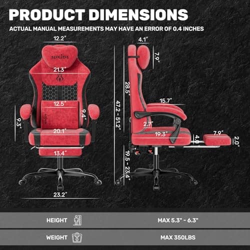 SUKIDA Fabric Video Gaming Chair, Ergonomic High-Back Computer Game Chairs with Large Massage Adjustable Lumbar Support, Headrest and Linked Armrests for Long Hours Sitting Task Chair, Red