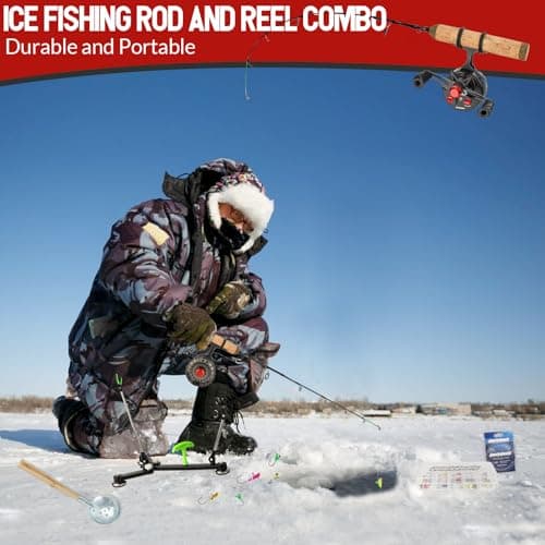 QualyQualy Ice Fishing Rod Reel Combo Complete Set Ice Fishing Gear with Backpack Seat Ice Cleats Ice Fishing Jigs Line Full Ice Fishing Kit 24" 26"