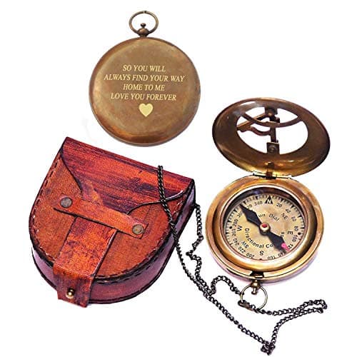 Love You Forever Engraved Sundial Compass with Leather Case – Inspirational Gift for Traveler, Adventurer, Groom, Baptism, Wedding or Him | Vintage Brass Navigation Compass