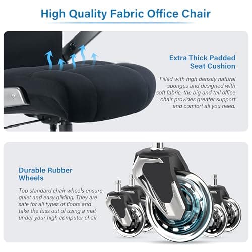Big and Tall Office Chair 700lbs- Executive Desk Chair with Adjustable Lumbar Support 3D Flip UP Arms- Heavy Duty Quiet Wheels Metal Base Ergonomic Computer Chairs, Black