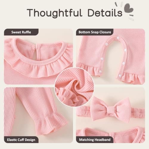 Soft waffle knit romper with ruffle trim, snap closure and matching bow headband QITUDATEY Baby Girl Waffle Knit Romper with Headband, Ruffle Jumpsuit B0HCKVJZZB