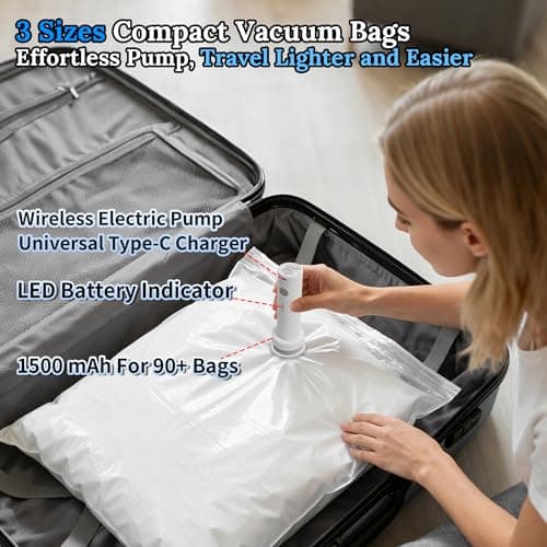 Vacuum Sealing Bags for Clothing Travel,Space Saver Vacuum Storage Bags with Air Pump,Compression Packing for Luggage and Clothes Travel (12 Combo Bags+Electric Pump)