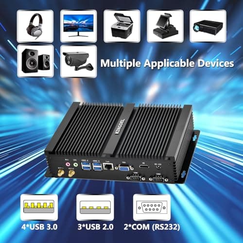 KINGDEL Fanless Industrial Computer, Mini PC, core i7 8th Gen. CPU, 16GB RAM 512GB NVMe SSD, 4K: 4096x2304, HD Port, VGA, 4xUSB 3.0, 2xCOM RS232, WiFi+Bluetooth, Metal Case