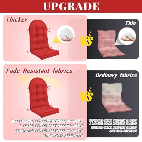 Geelin 4 Pcs Outdoor Patio Chair Cushion Thick High Back Adirondack Chair Cushion Tufted Weather & Fade Resistant Anti-Slip Outside Rocking Chairs Pads with Ties, 44 x 19 x 4 Inch (Red)