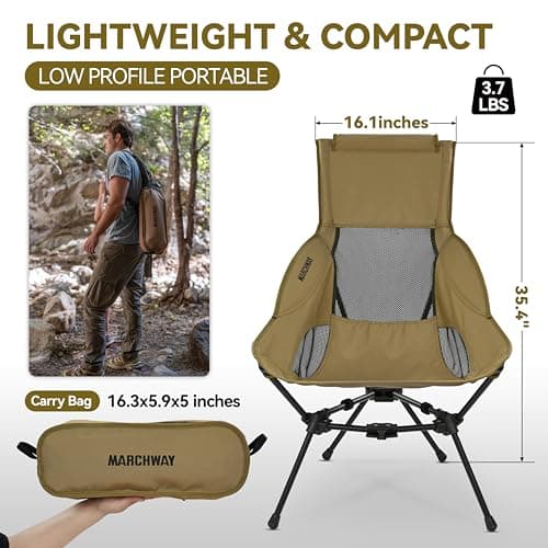 MARCHWAY Lightweight Folding High Back Camping Chair with Head Support, Stable Portable Compact for Outdoor Camp, Travel, Beach, Picnic, Festival, Hiking, Backpacking (Highback Khaki)